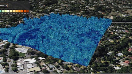 Aerometrex data of Stirling, South Australia, showing the “number of returns” property. Each LiDAR pulse can have multiple return reflections, showing different levels of vegetation. The lighter color shows higher return values for trees.