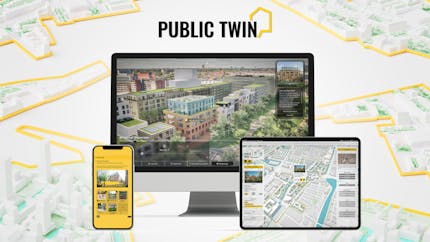 PublicTwin includes a simplified overview, a Cesium-powered digital twin upon zooming in, and a participatory questionnaire. Courtesy drip visual.