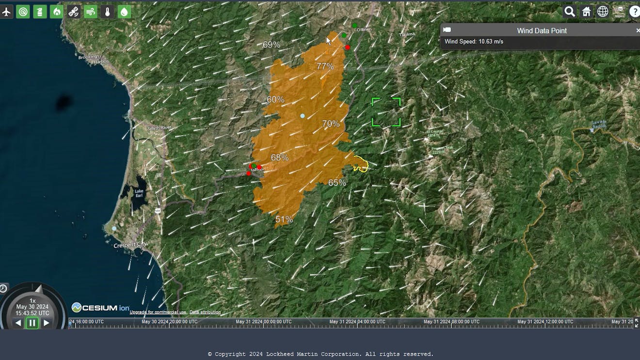 Wind and weather information for an active fire area in Lockheed Martin's Joint Activity Manager, powered by CesiumJS. Courtesy Lockheed Martin.