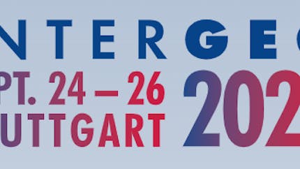 Graphic with gray background. Words in blue, purple, and red spectrum. Text reads "INTERGEO 2024. Sept. 24-26. Stuttgart."