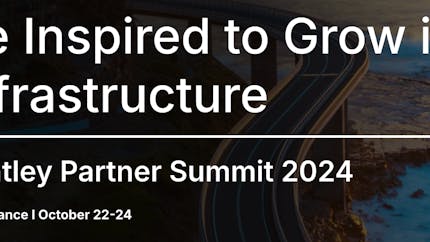 Background image is a bridge along a coast. Text reads "Be inspired to grow in infrastructure. Bentley Partner Summit 2024. Nice, France. October 22-24."