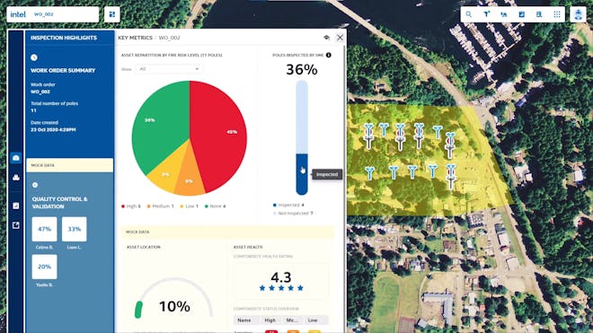 A screenshot of the fire risk level Inspection Dashboard in Intel's Geospatial platform, using Cesium 