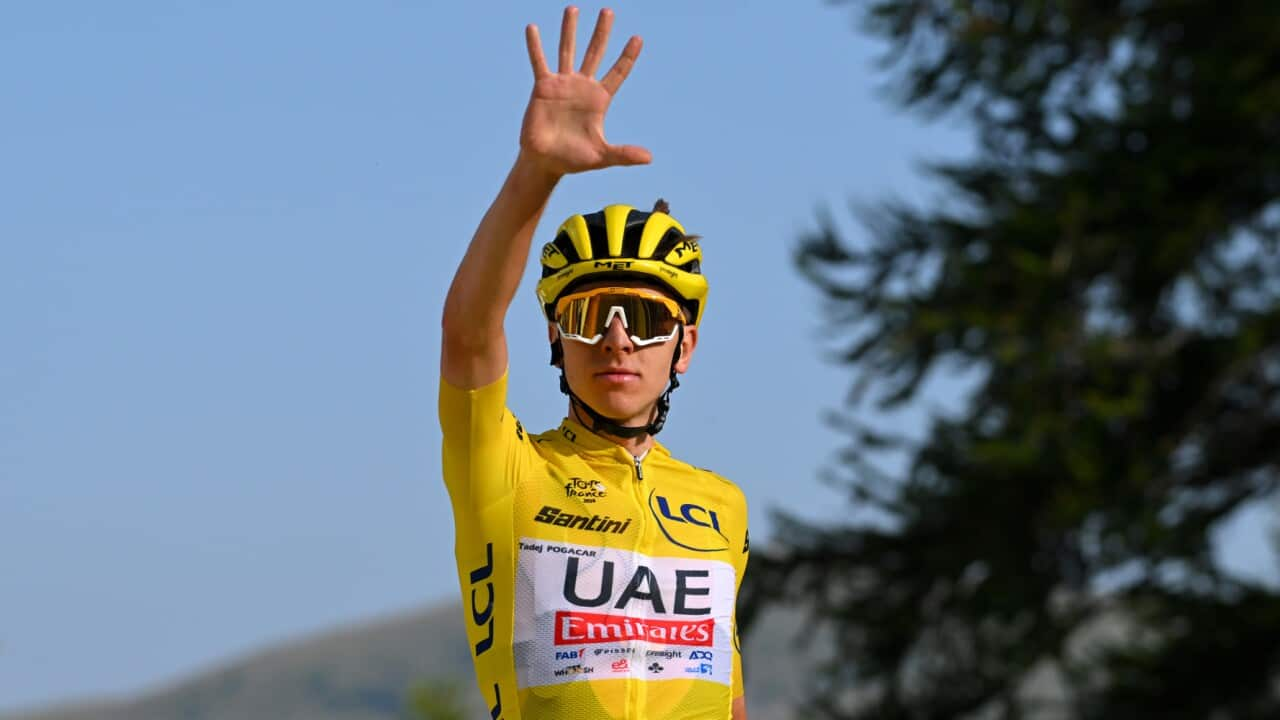 Tadej Pogacar of UAE Team Emirates celebrates after winning the fifth of his six stages at the 2024 Tour de France