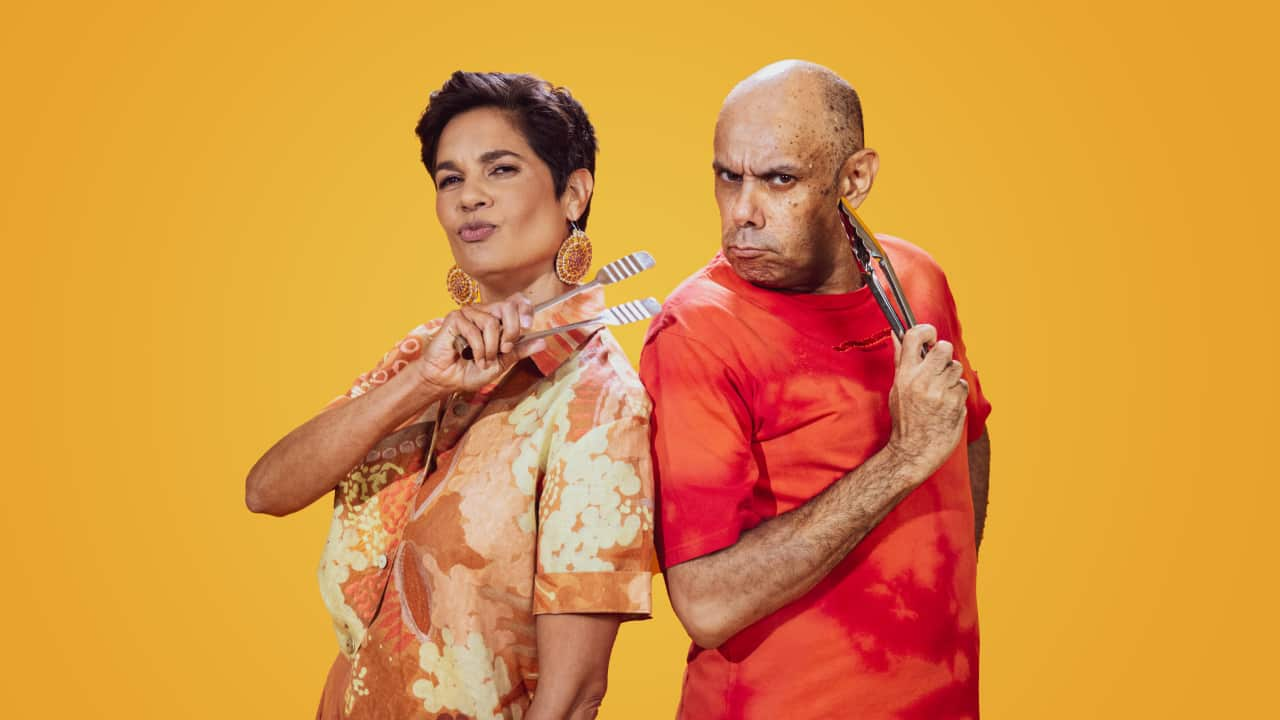 Big Backyard Quiz on SBS and NITV. Hosts Narelda Jacobs and Steven Oliver. Credit SBS and NITV.png