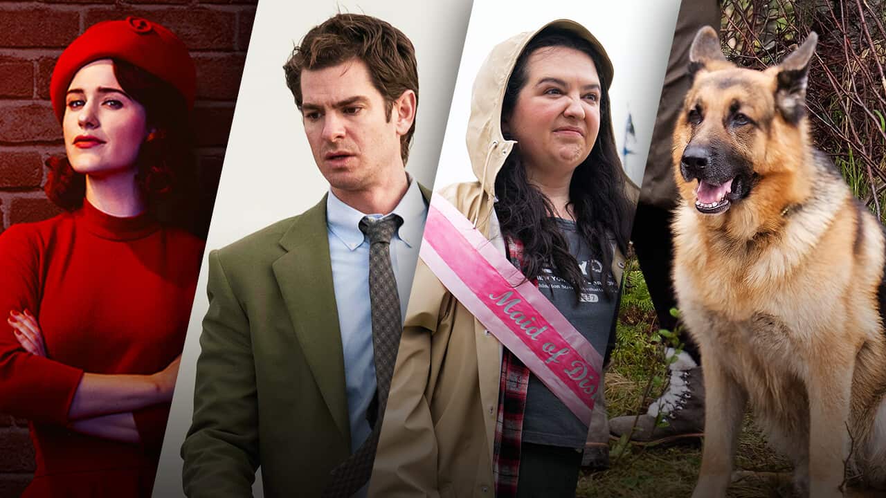 Top New Series coming to SBS On Demand in July: Headline image contains art from The Marvelous Mrs. Maisel, Under the Banner of Heaven, Dinosaur and Hudson & Rex