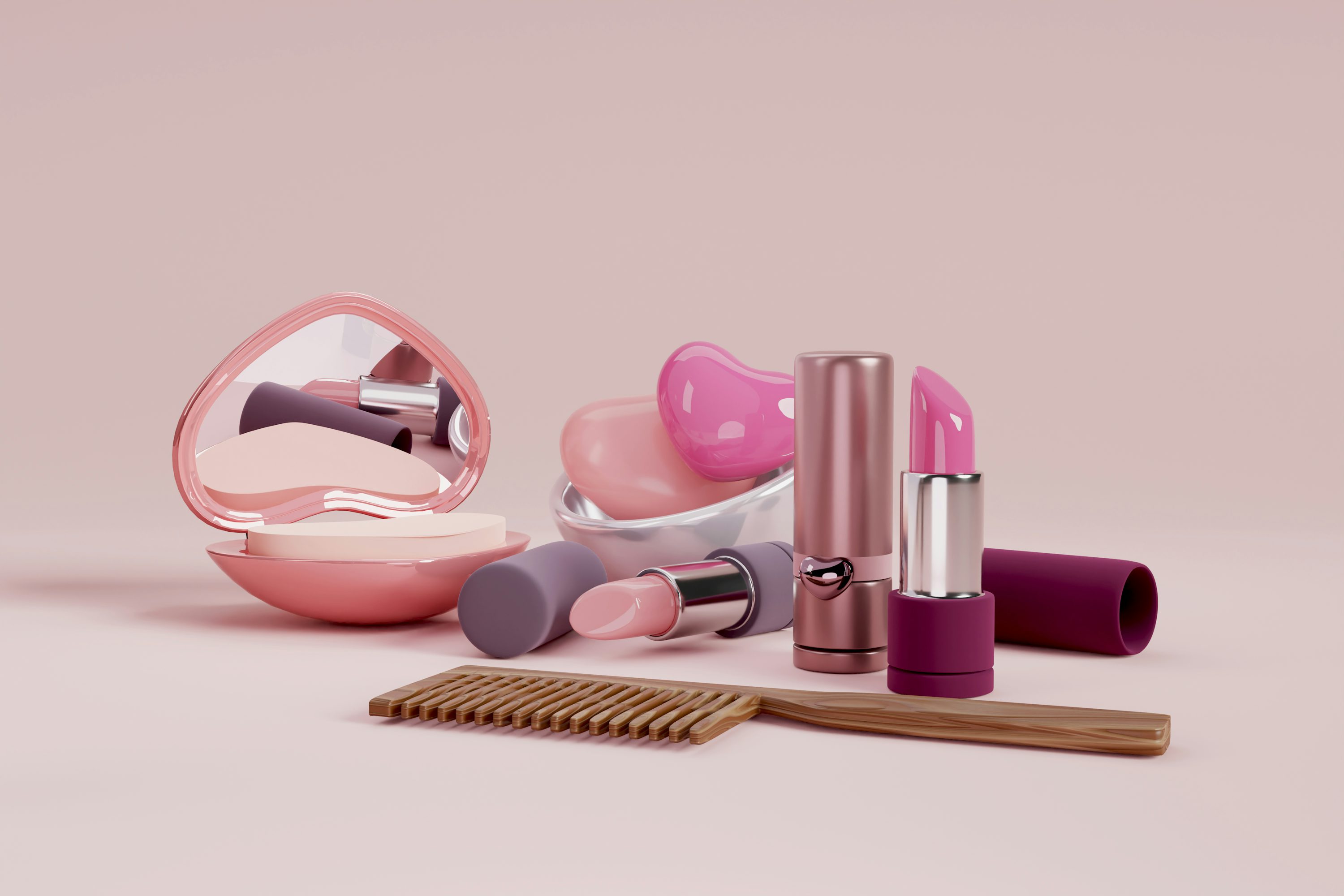 A collection of cosmetics and a comb on a pink background