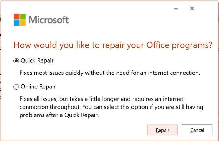 quick repair ms office