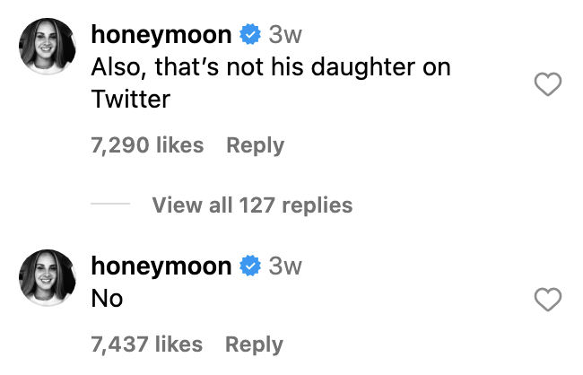 Instagram comment by honeymoon: &quot;Also, that&#x27;s not his daughter on Twitter.&quot; Another comment by honeymoon says, &quot;No&quot;