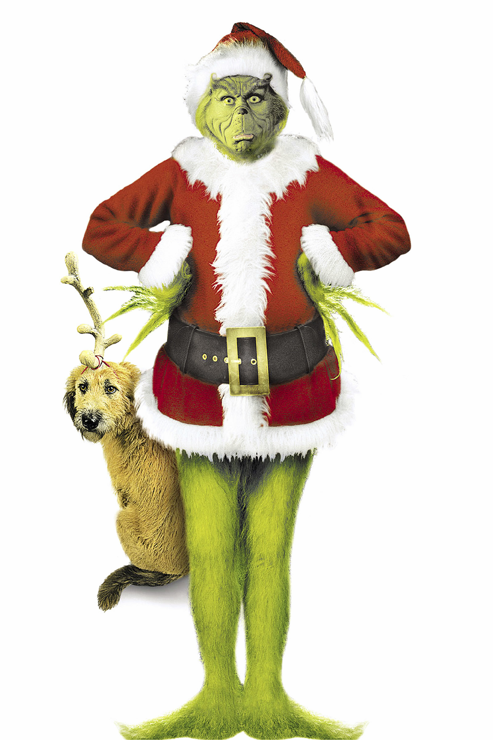 The Grinch wearing a Santa suit with his dog Max, dressed as a reindeer, standing beside him