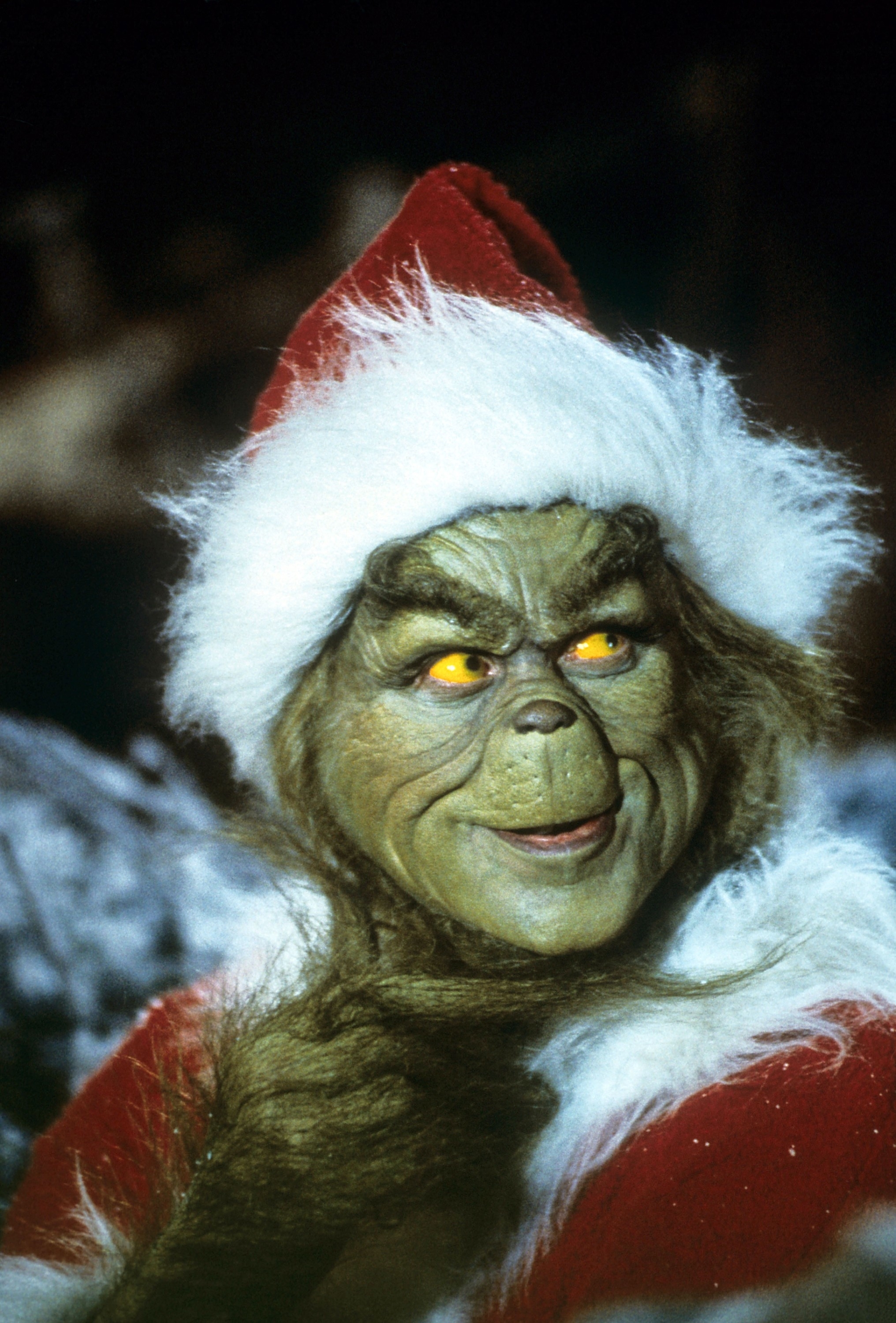 The Grinch, with a mischievous expression, wears a Santa hat and furry suit, from a holiday movie scene