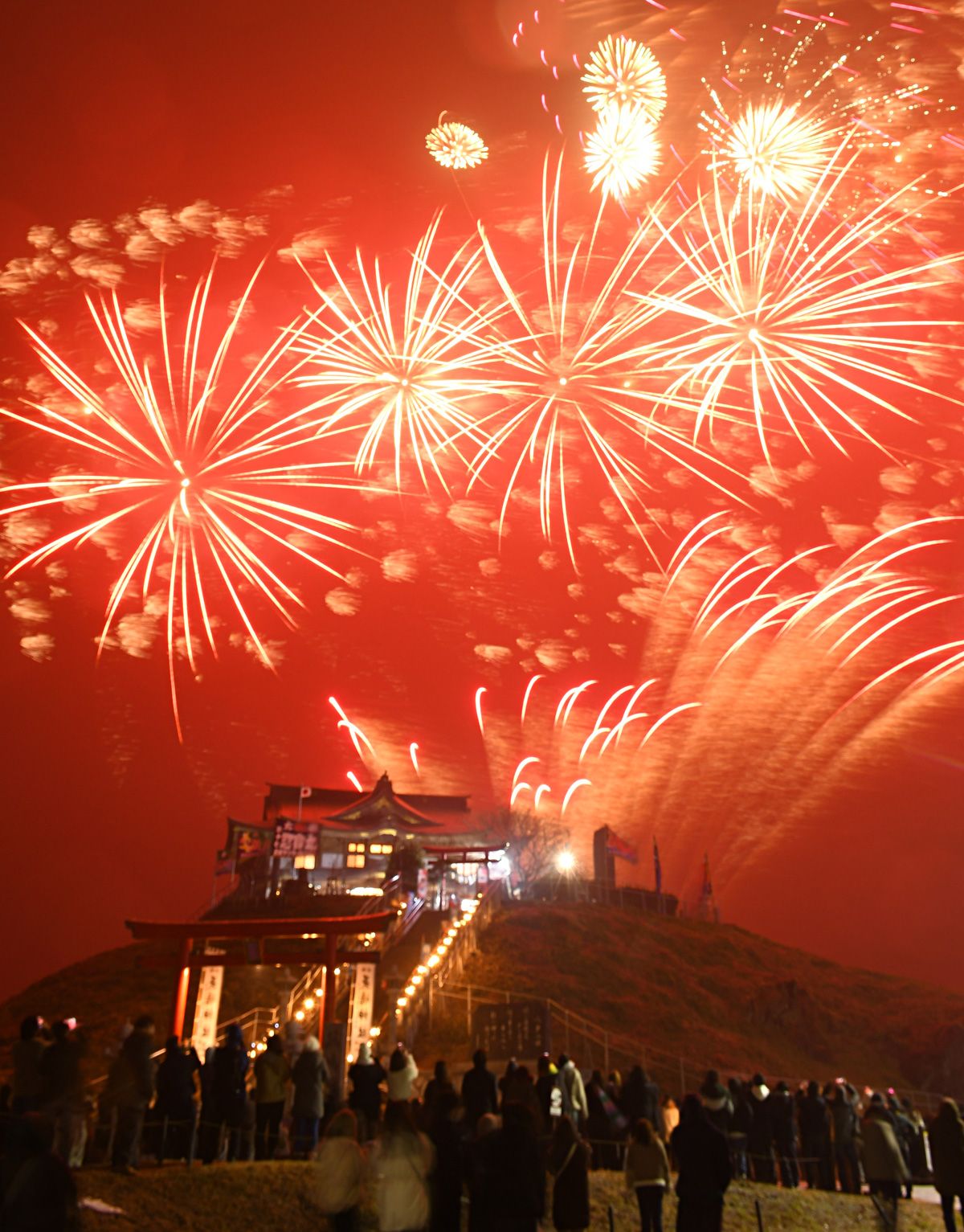 大輪が夜空を彩った「干支花火昇運祈願祭」＝1日午前0時3分、八戸市鮫町の蕪嶋神社