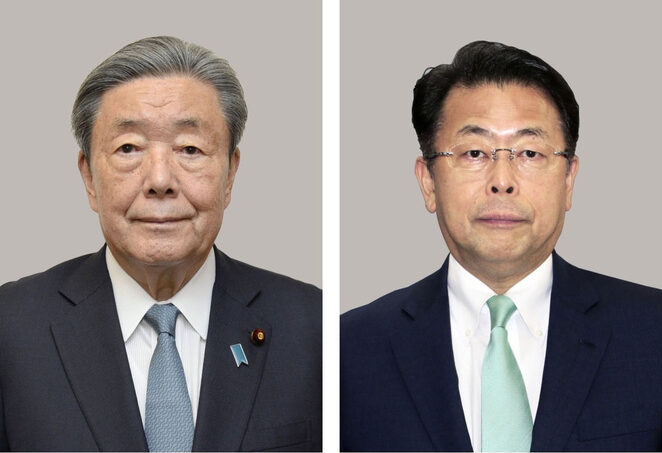 自民党の森山裕幹事長（左）、公明党の西田実仁幹事長