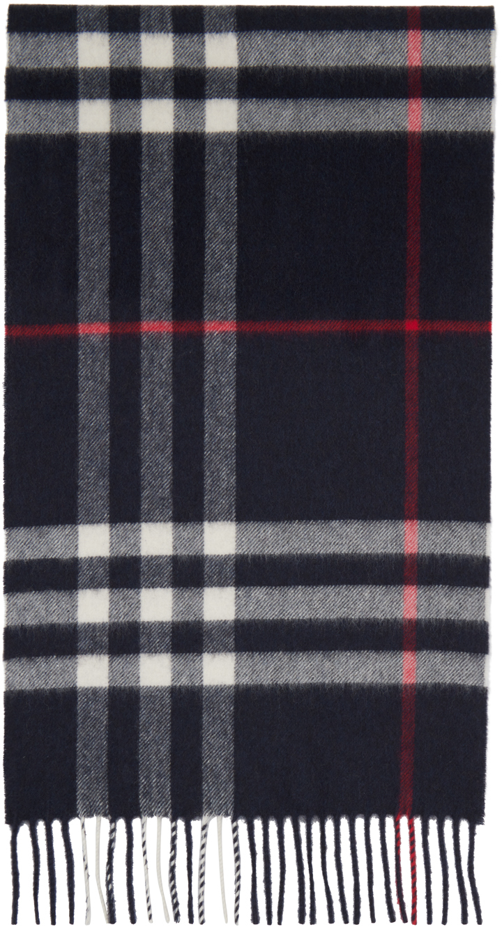 Burberry Navy Check Cashmere Scarf