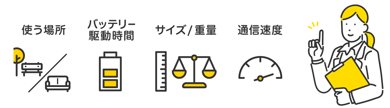 モバイルWi-Fiルーター端末を選ぶポイントは「使う場所」「バッテリー駆動時間」「サイズ/重量」「通信速度」