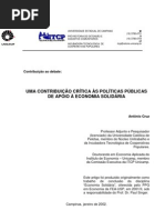 Uma Contribuição Crítica Às Políticas Públicas de Apoio À Economia Solidária