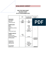 Balance Sheet: One Stop Mini Mart Balance Sheet As at 20 November 2012