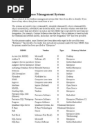 A List of Database Management Systems: Dbms Vendor Type Primary Market