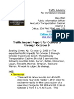 Traffic Impact Report For October 5 Through October 9: Bowling Green, Ky. (October 2, 2015) - The