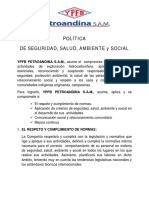 E. Política de Seguridad, Salud, Ambiente y Social YPFB PETROANDINA SAM PDF