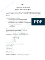 Unit I Mathematical Tools 1.1 Basic Mathematics For Physics: I. Quadratic Equation and Its Solution