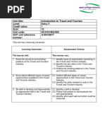 Unit Title: Introduction To Travel and Tourism Level: Entry 3 Credit Value: 1 GLH: 10 Unit Code: HC4/E3/NQ/085 QCF Unit Reference Number: A/504/9877