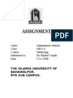 Assignment: Name Muhammad Ahmad. Class MBA-1. Course Marketing. Submitted To Sir Shahid Yaqub. Date 5-11-2008