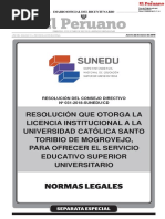 Resolución Que Otorga La Licencia Institucional A La Universidad Católica Santo Toribio de Mogrovejo para Ofrecer El Servicio Educativo Superior Universitario