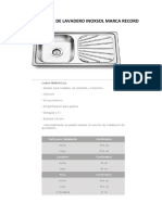 Ficha Tecnica de Lavadero Inoxsol Marca Record