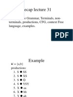 Recap Lecture 31: Context Free Grammar, Terminals, Non-Terminals, Productions, CFG, Context Free Language, Examples