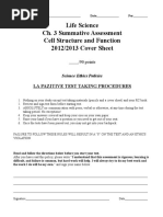 Life Science Ch. 3 Summative Assessment Cell Structure and Function 2012/2013 Cover Sheet