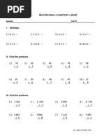 Multiplying 1-3 Digits by 1-Digit NAME - DATE - I - Multiply