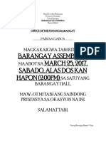 Barangay Assembly MARCH 25, 2017, Sabado, Alas Dos Kan HAPON (2:00PM)