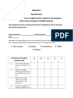 Appendix C Questionnaire Levels of Proficiency in English and It's Impact To The Academic Performance of Grade 12 HUMSS Students