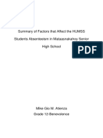 Summary of Factors That Affect The HUMSS Students Absenteeism in Mataasnakahoy Senior High School