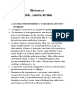 Mid-Term Test English - America Literature: 1. The Characteristic Features of Romanticism Literature in England