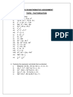 Class-Viii Mathematics Assignment Topic-Factorisation