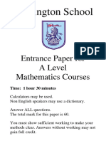 Wellington School: Entrance Paper For A Level Mathematics Courses