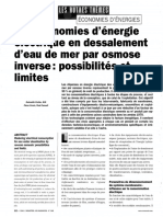 Les Économies D'énergie Électrique en Dessalement D'eau Mer Par Osmose Inverse: Possibilités Et Limites