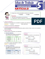 Clases y Accidentes Gramaticales Del Artículo para Quinto Grado de Primaria