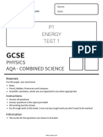 P1 Energy Test 1: Score (%) Mark