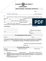 Dibrugarh University Dibrugarh: Application Form For Original / Provisional Certificate