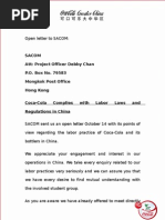 Sacom Att: Project Officer Debby Chan P.O. Box No. 79583 Mongkok Post Office Hong Kong Coca-Cola Complies With Labor Laws and Regulations in China