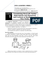 Lesson: Translating Real-Life Verbal Expressions and Equations Into Letters or Symbols and Vice Versa