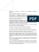 DECRETO DE ADMISIÓN A TRÁMITE DE LA DEMANDA ORDINARIA LABORAL JUICIO ORDINARIO LABORAL 7311-2021 Of. 2º. Teodoro Cifuentes 201501459