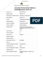 State Scholarship Portal (Post Matric) Acknowledgement 2021-22