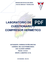 Laboratorio de R&Aa Cuestionario 2 Compresor Hermético: Universidad Mayor de San Simon Facultad de Ciencias Y Tecnología