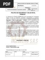 PLT-SST-001 Política de Seguridad y Salud en El Trabajo