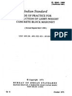 Indian Standard: Code of Practice For Construction of Light-Weight Concrete Block Masonry