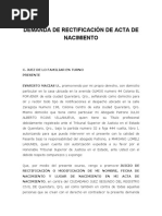 Demanda de Rectificación de Acta de Nacimiento