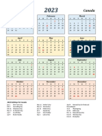 2023 Calendar Streamlined Colored With Holidays Portrait Sunday Start en Ca